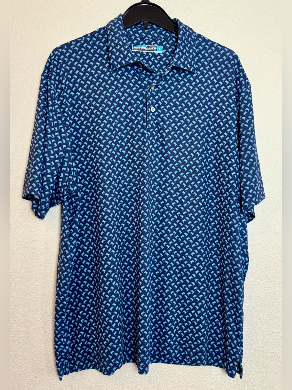 Roundtree & Yorke Mens Performance Golf Polo Navy Bird Print Short Sleeve Large